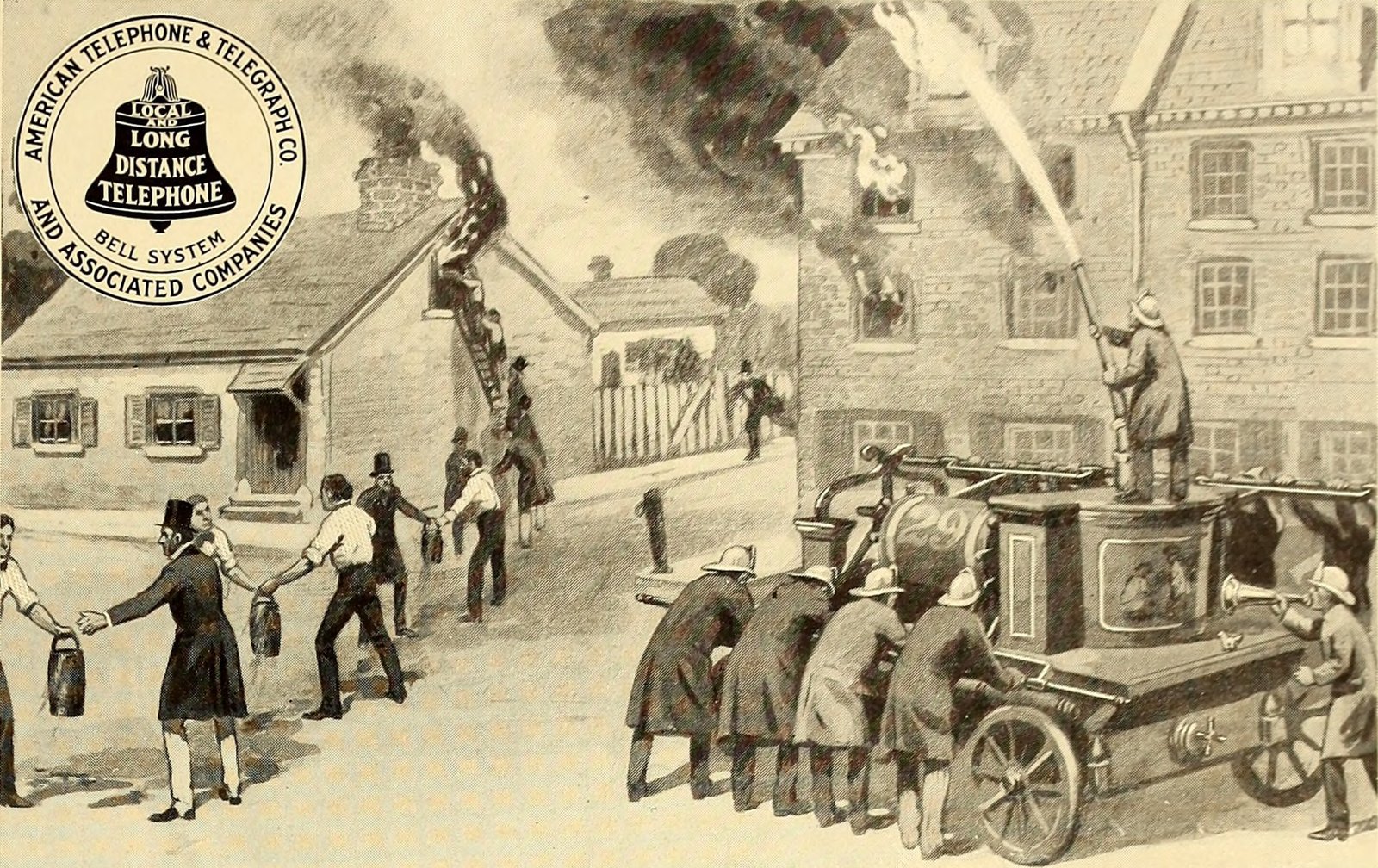 A bucket brigade beside a hand-pumped fire engine